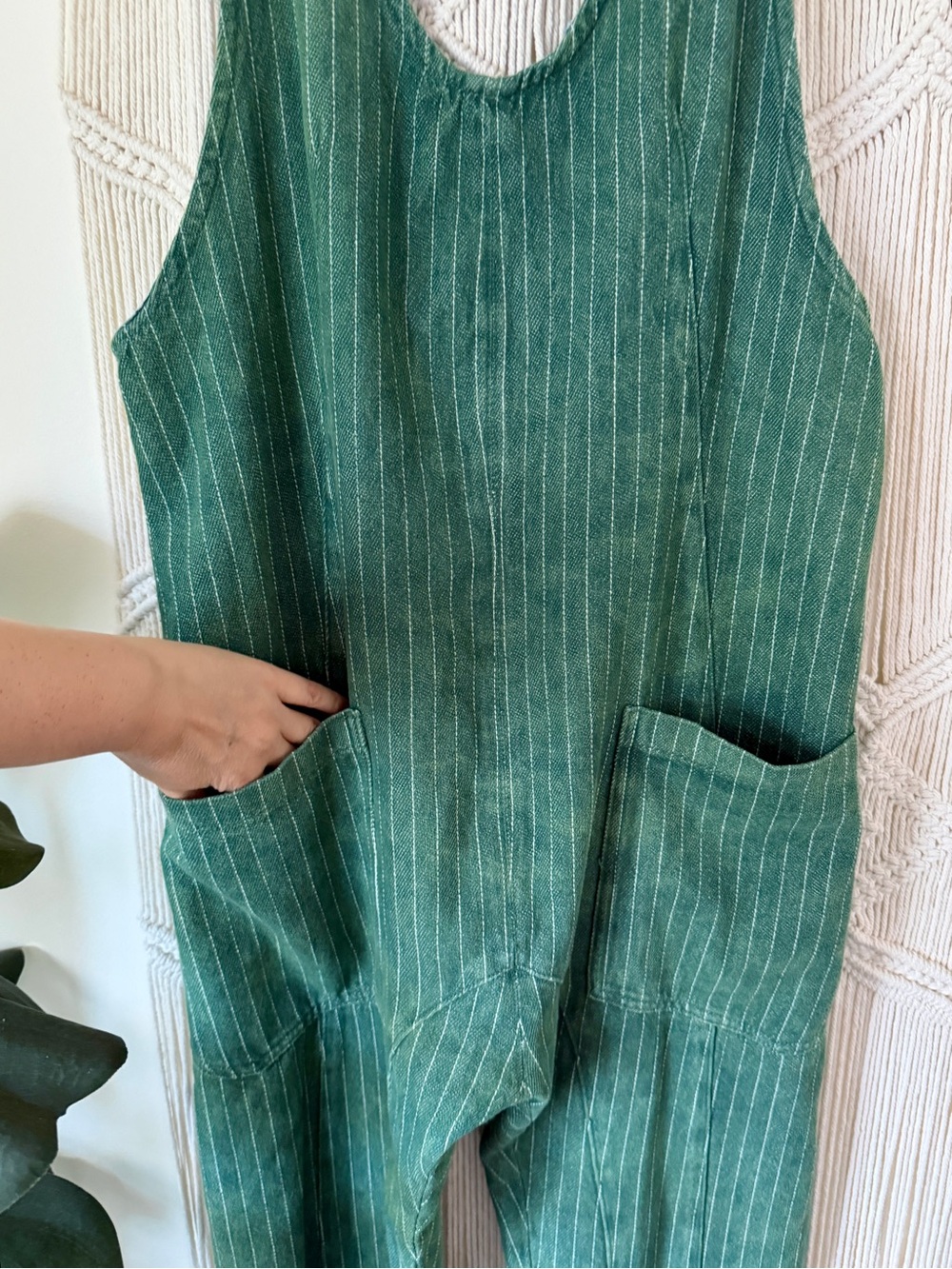 We the Free High Roller Mineral Wash Green Pinstripe Overall Jumpsuit M - Picture 9 of 16
